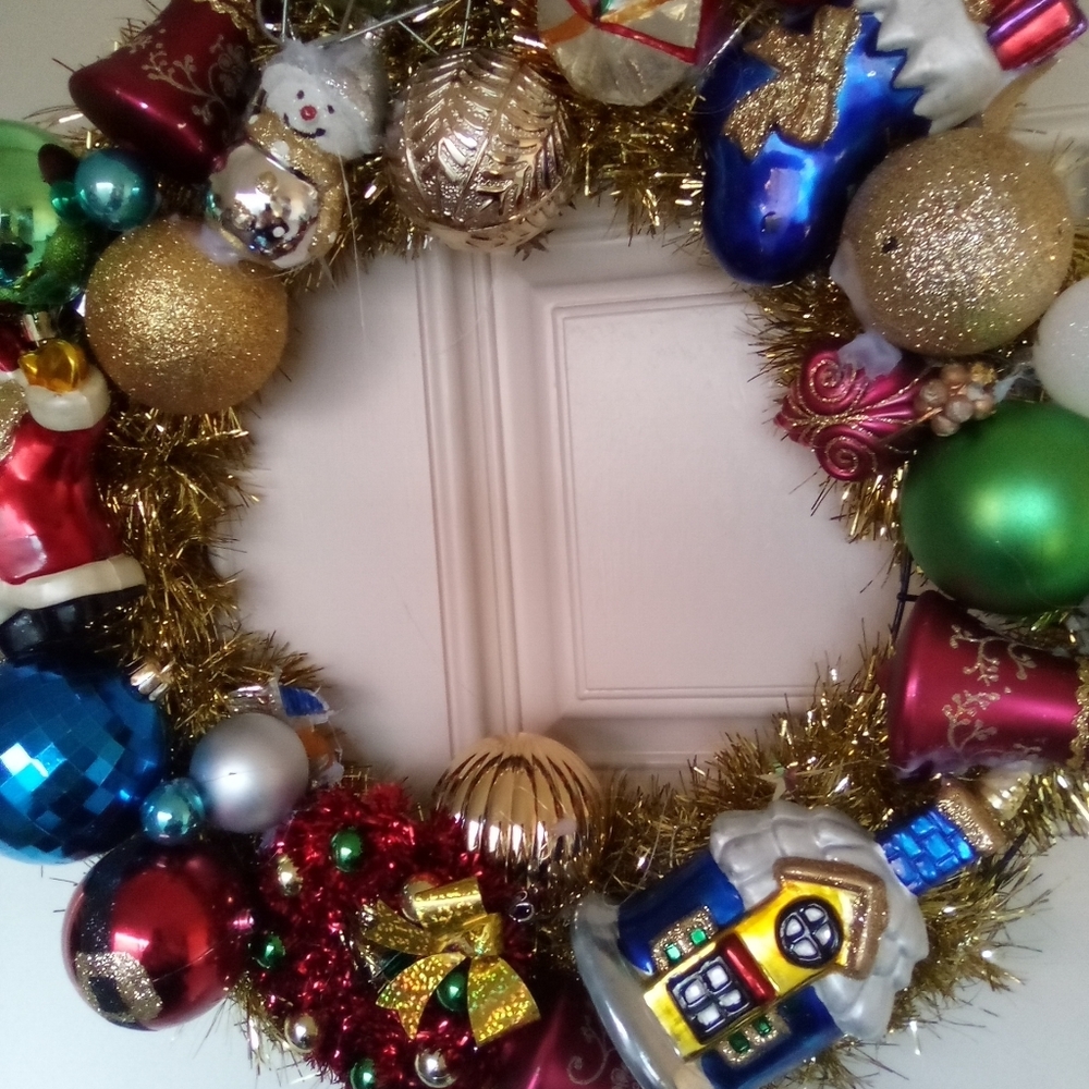 Vintage Ornaments Holiday Wreath Handmade Blue Red White
